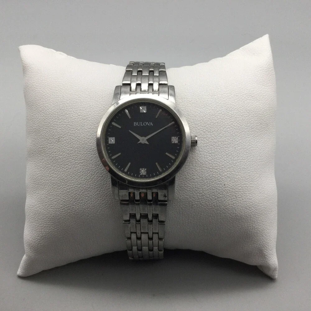 Bulova Womens Watch 27mm Black Dial Stainless Steel B96P148 New Battery 7.5